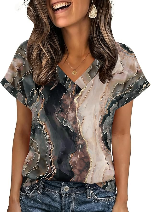 Women's rolled sleeve V-neck blouse by Zeagoo 