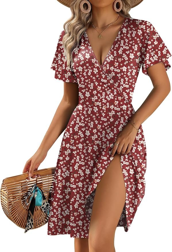 Zeagoo floral ruffle sleeve wrap dress 